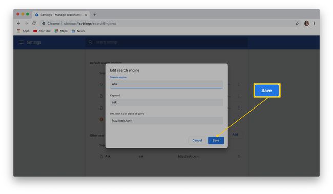 Guardar un motor de búsqueda editado en Google Chrome.