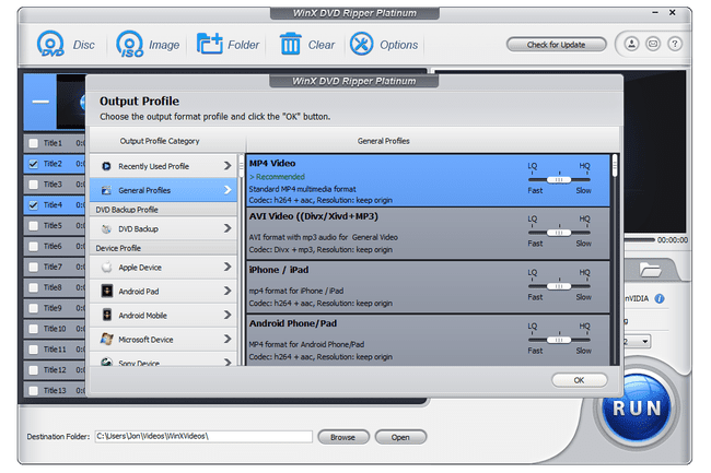 „WinX DVD Ripper Platinum Output Profile“ ekranas