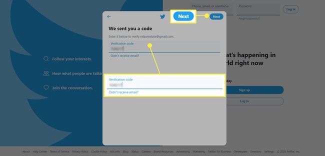 Înregistrare Twitter - introduceți codul de verificare din text sau e-mail