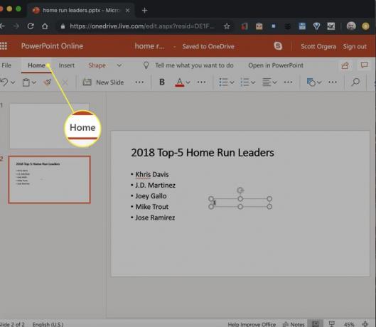 ново текстово поле в PowerPoint Online