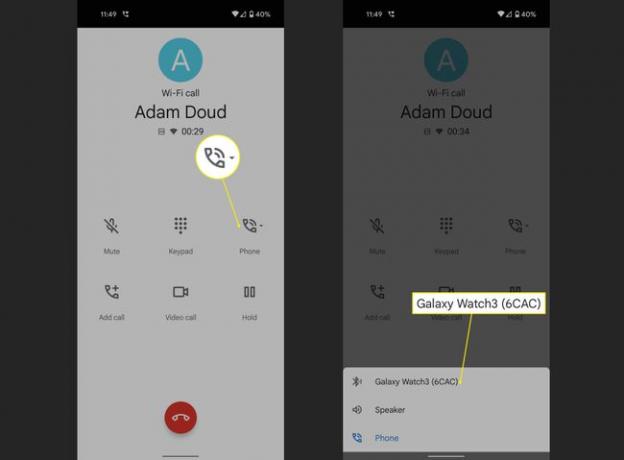 Pictograma telefonului și Galaxy Watch evidențiate în aplicația Android Phone