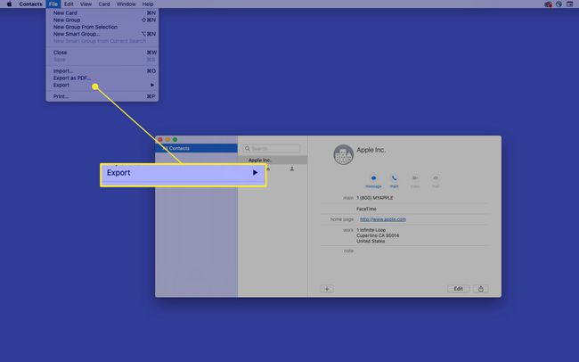 Контакты Mac с выделенным пунктом " Экспорт" в меню " Файл"