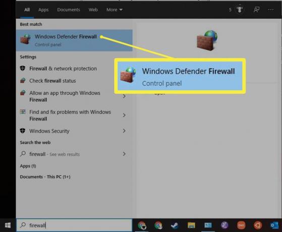 La entrada del Firewall de Windows Defender en el menú Inicio.