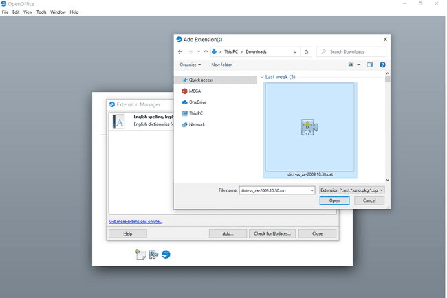 OpenOffice menambahkan layar Ekstensi dengan file OXT disorot