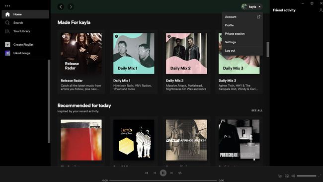 プロファイルオプション付きのSpotifyアカウントドロップダウン