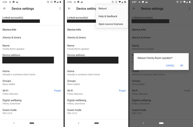 Google Home-enhetsinställningar och omstartsalternativ