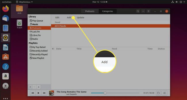 Снимок экрана Rhythmbox с выделенной кнопкой «Добавить» в разделе «Подкасты».