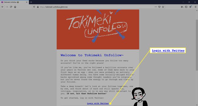 Вход в Twitter с помощью инструмента Tokimeki Unfollow.