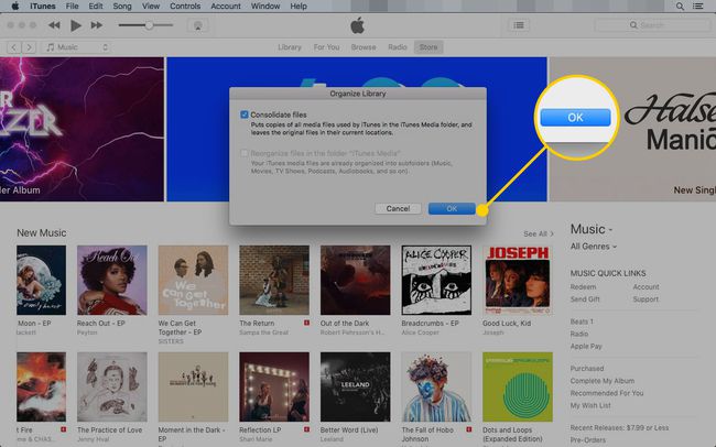 [OK]ボタンを強調表示したiTunesの[ライブラリの整理]ウィンドウ