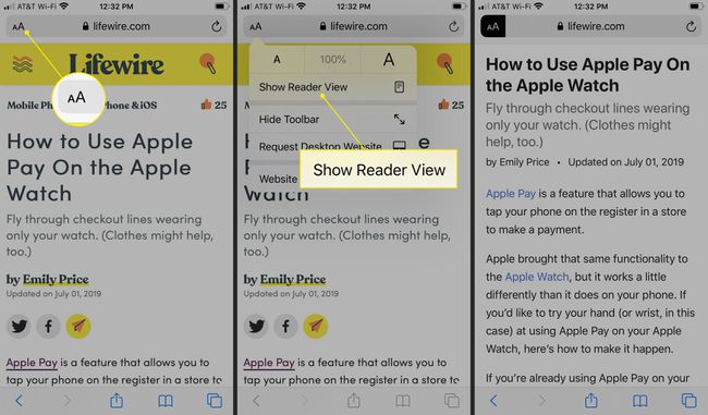 Menu Tekst i polecenie „Pokaż widok czytnika” w przeglądarce Safari na iOS