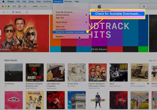 iTunes mit " Nach verfügbaren Downloads suchen" unter dem hervorgehobenen Kontomenü
