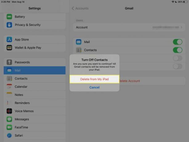 'ลบออกจาก iPad ของฉัน' ที่ถูกไฮไลต์ในการตั้งค่าบัญชี Gmail บน iPad