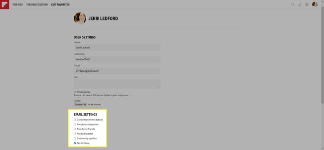웹 브라우저에서 Flipboard의 이메일 옵션.