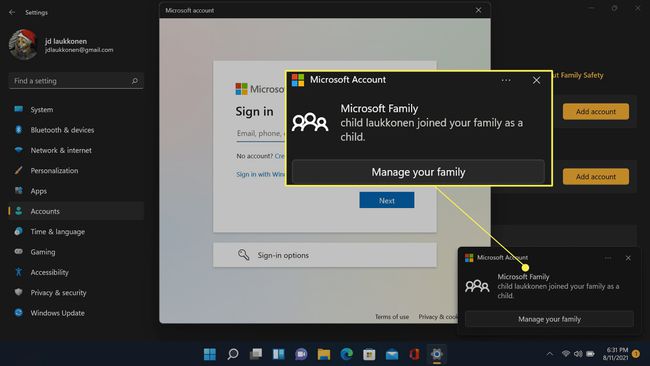 Windows 11 ანგარიშის შეტყობინება, რომელიც მიუთითებს, რომ ბავშვის ანგარიში დაემატა.