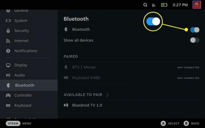 Steam デッキで強調表示されている Bluetooth トグル。