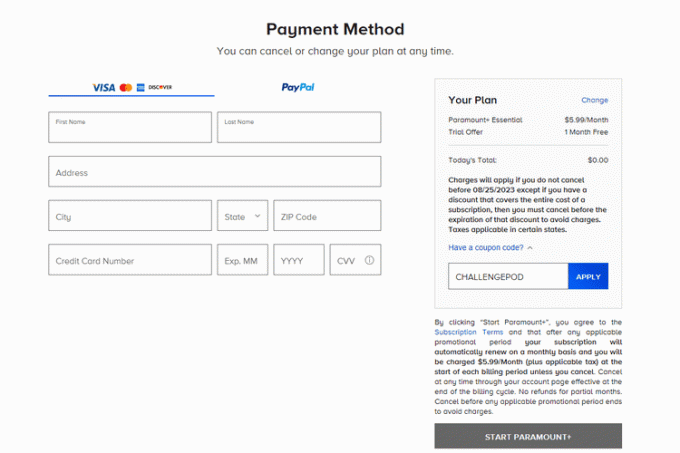 Paramount Plus プロモーション コード CHALLENGEPOD と APPLY ボタンが強調表示されています