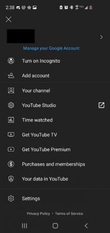Meni računa YouTube za Android 
