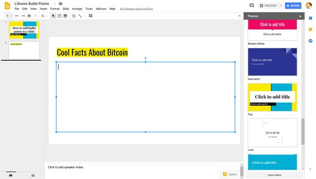 Apresentações Google com uma área de texto selecionada