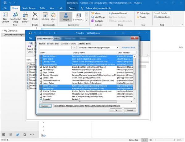 Outlook 2016 rühmaliikmete valimise ekraan