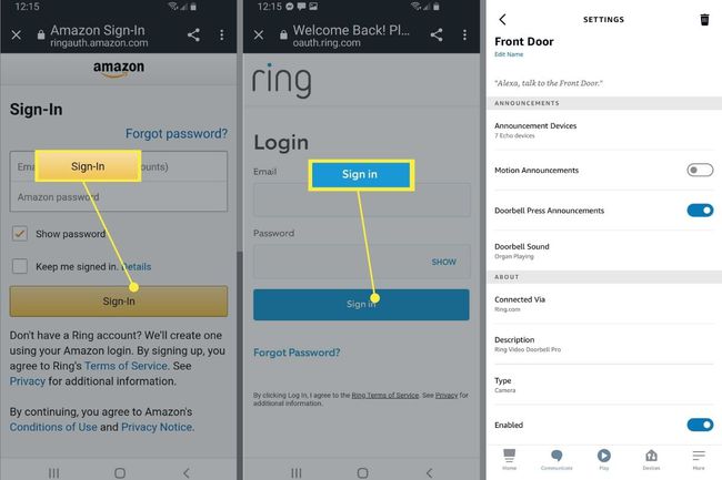 Amazon- och Ring-inloggningsskärmar och Ringinställningar i Alexa-appen.