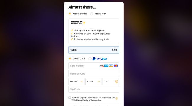 ESPN +を購入するにはクレジットカード情報を入力してください