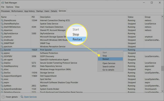 Windows Task Manager med Spooler-tjänsten markerade start-, stopp- och omstartalternativen