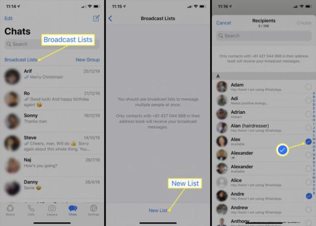 Proces vytvoření seznamu vysílání v aplikaci WhatsApp na iPhone.