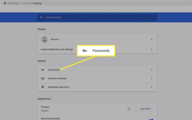 Jelszavak elem a Chrome beállításainak Automatikus kitöltés szakaszában