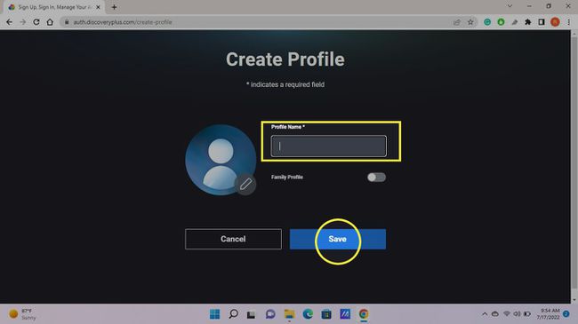 Adăugați profil pe pagina DiscoveryPlus.com Creați profil cu caseta Nume și Salvare evidențiate