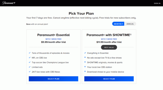 「プランの選択」が強調表示された「Paramount Plus プランの選択」ページ