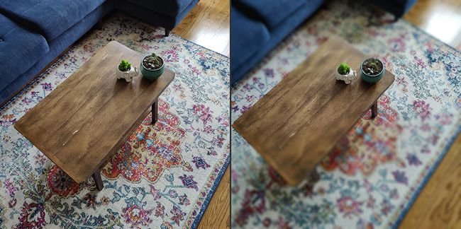 OnePlus tilt-shift voor-en-na afbeeldingen van planten op een salontafel