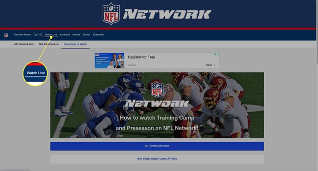 NFL Networks webbplats med Watch Live markerad