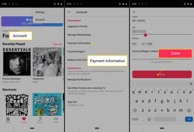 Fiók, Fizetési adatok, Kész gomb az Apple Music for Androidon