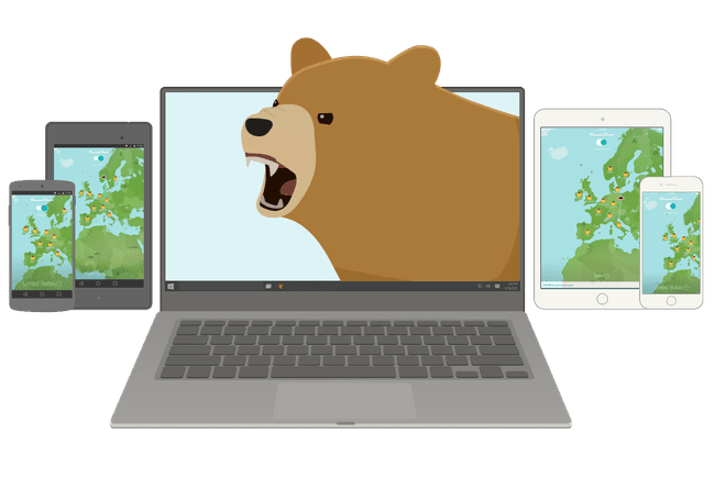 Tunnel Bear-Karten auf mobilen Bildschirmen mit einem Cartoon-Bären auf einem Laptop-Bildschirm.