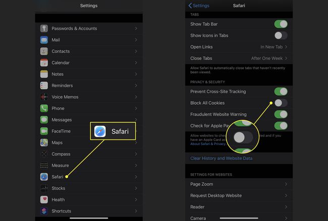 El interruptor " Bloquear todas las cookies" en la configuración de Safari