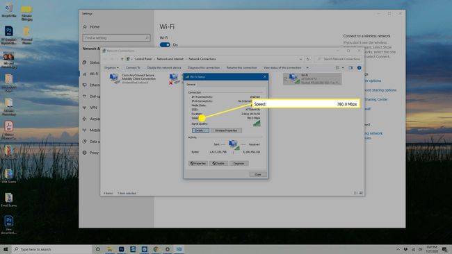 La lista de Velocidad en la sección Conexión del cuadro de diálogo Estado de Wi-Fi en Windows.