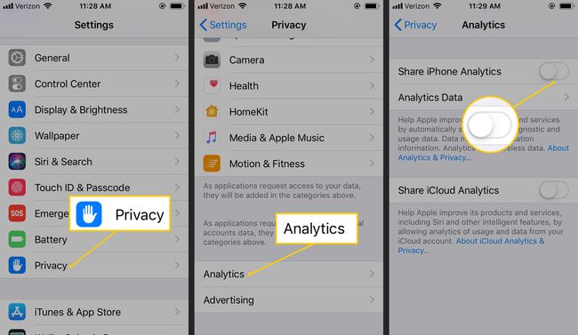 Privacidade, Analytics, Compartilhar iPhone Analytics alterne para DESLIGADO