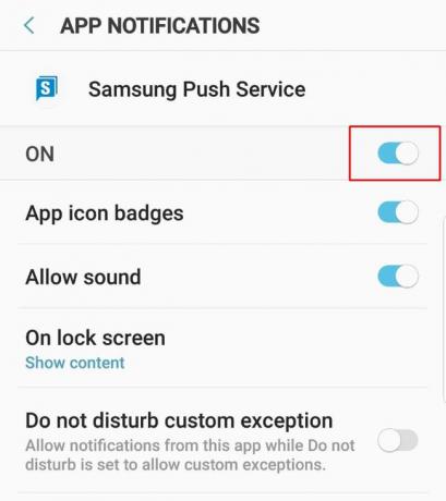 Уведомления приложений в настройках приложения Samsung Push Service
