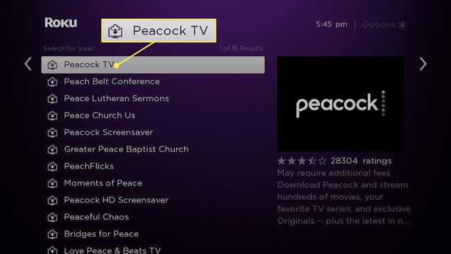 Rezultatele căutării Roku cu Peacock TV evidențiat.