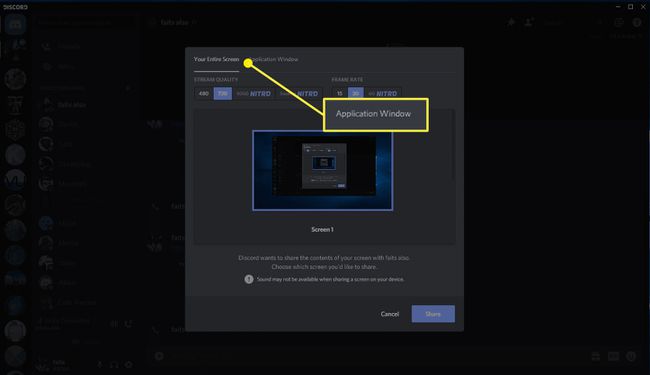 Snímka obrazovky ponuky zdieľania obrazovky Discord DM.