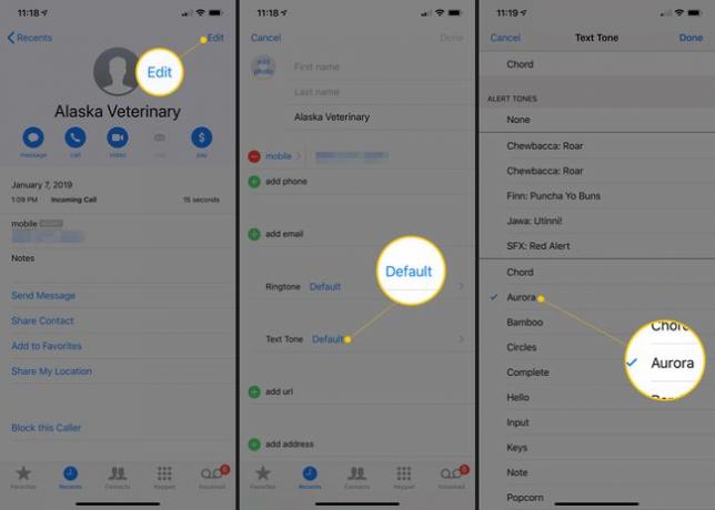 iOSの連絡先設定での編集、デフォルト、および選択されたテキストトーン（Aurora）