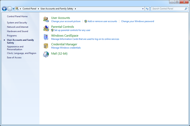 Windows 7'de Kullanıcı Hesapları ve Aile Güvenliği ekranı