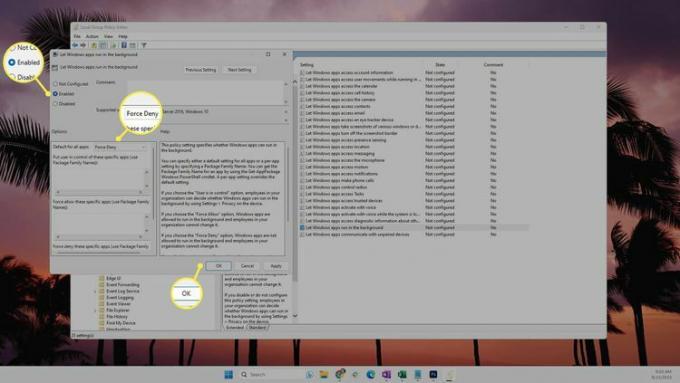 „Омогућено“ и „Присилно забрани“ и „У реду“ истакнуто у уређивачу смерница групе за Виндовс 11.
