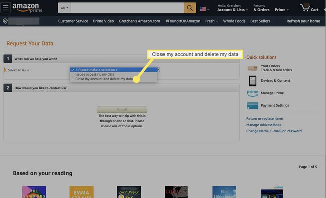 En Solicite sus datos y seleccione un problema, seleccione Cerrar mi cuenta y eliminar mis datos en el menú desplegable.