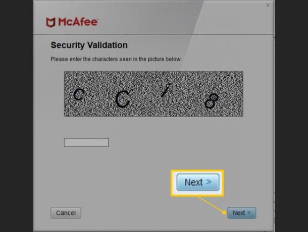 Botón Siguiente en la pantalla de validación de seguridad de McAfee