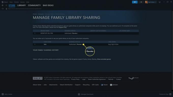A Steam családi könyvtármegosztás kezelésében kiemelt visszavonás.