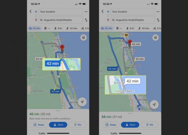 Escolha de uma rota alternativa no Google Maps no iPhone com a rota principal (azul) e a rota alternativa (cinza) em destaque