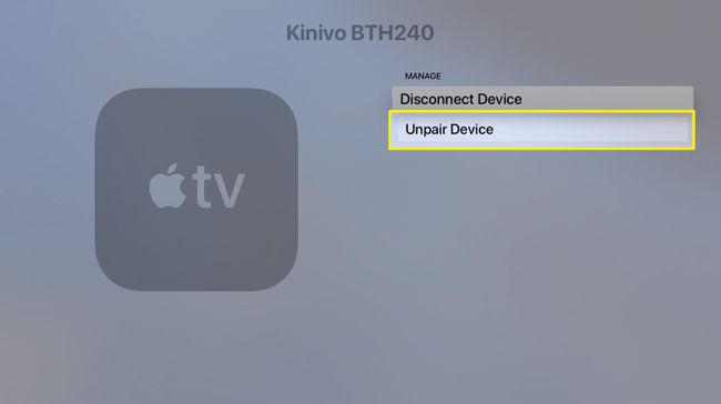 Apple TV의 Bluetooth 장치 연결 해제 화면 스크린샷