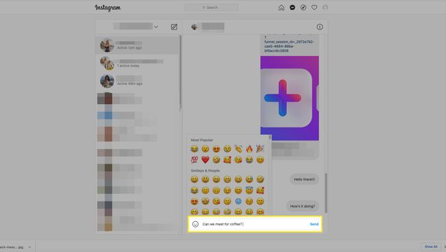 Instagrams svarskærm på skrivebordet med meddelelseslinje og emoji-indstillinger fremhævet