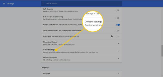 Opción de configuración de contenido en la configuración avanzada de Chrome